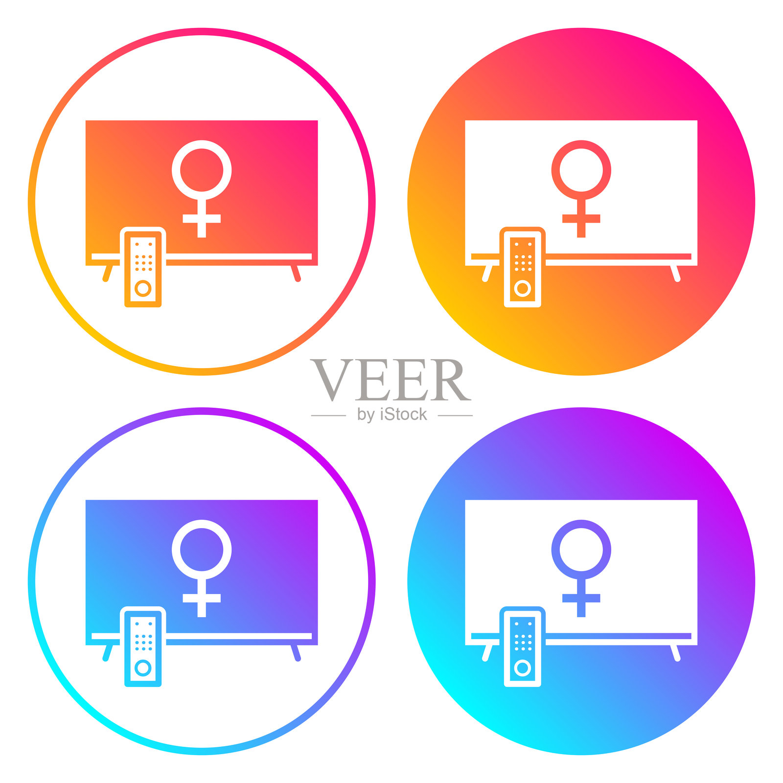 带有女性符号的电视。圆形图标带有渐变色彩。插画图片素材