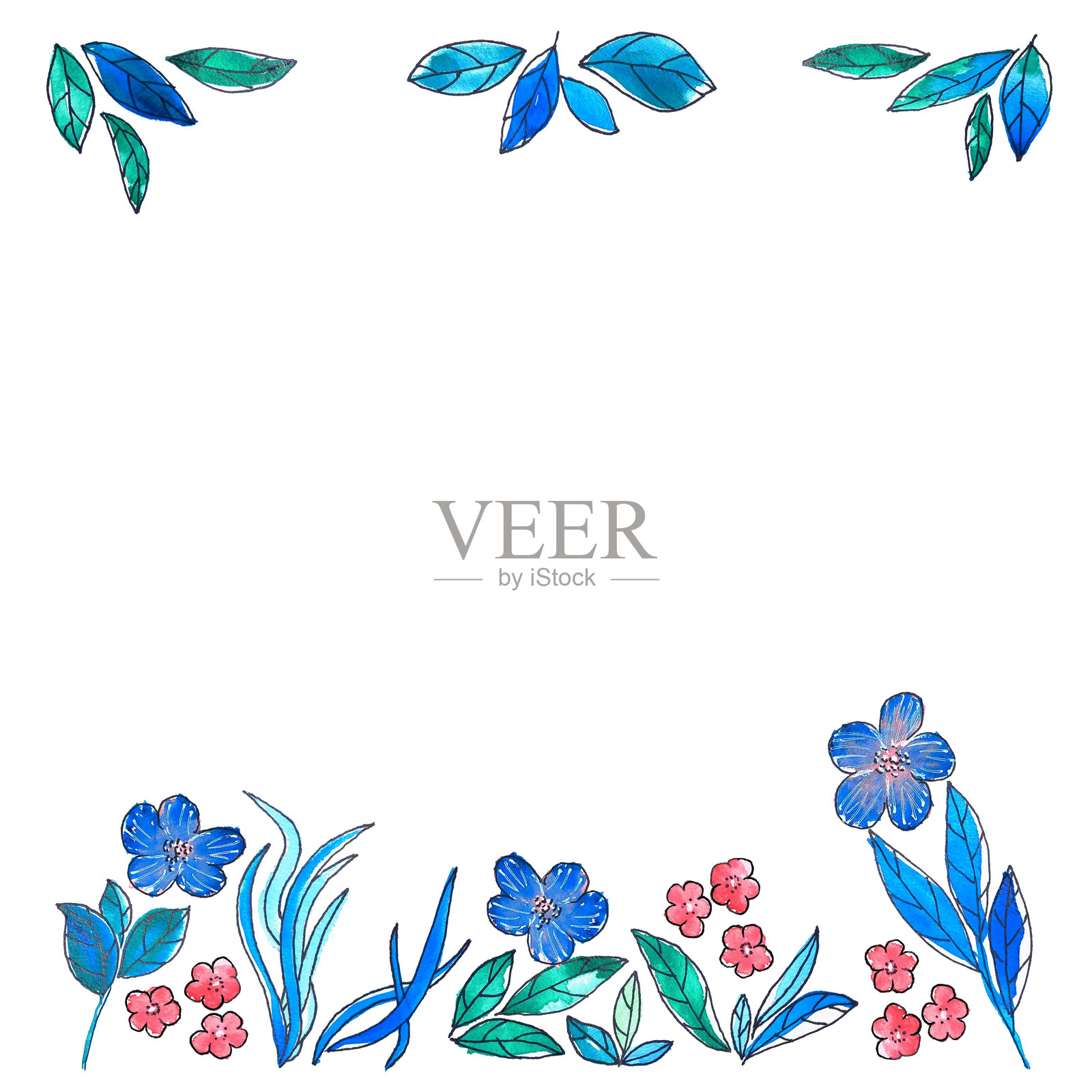 手绘水彩花卉边框，带有生动的蓝色和粉色叶子与花朵插画图片素材