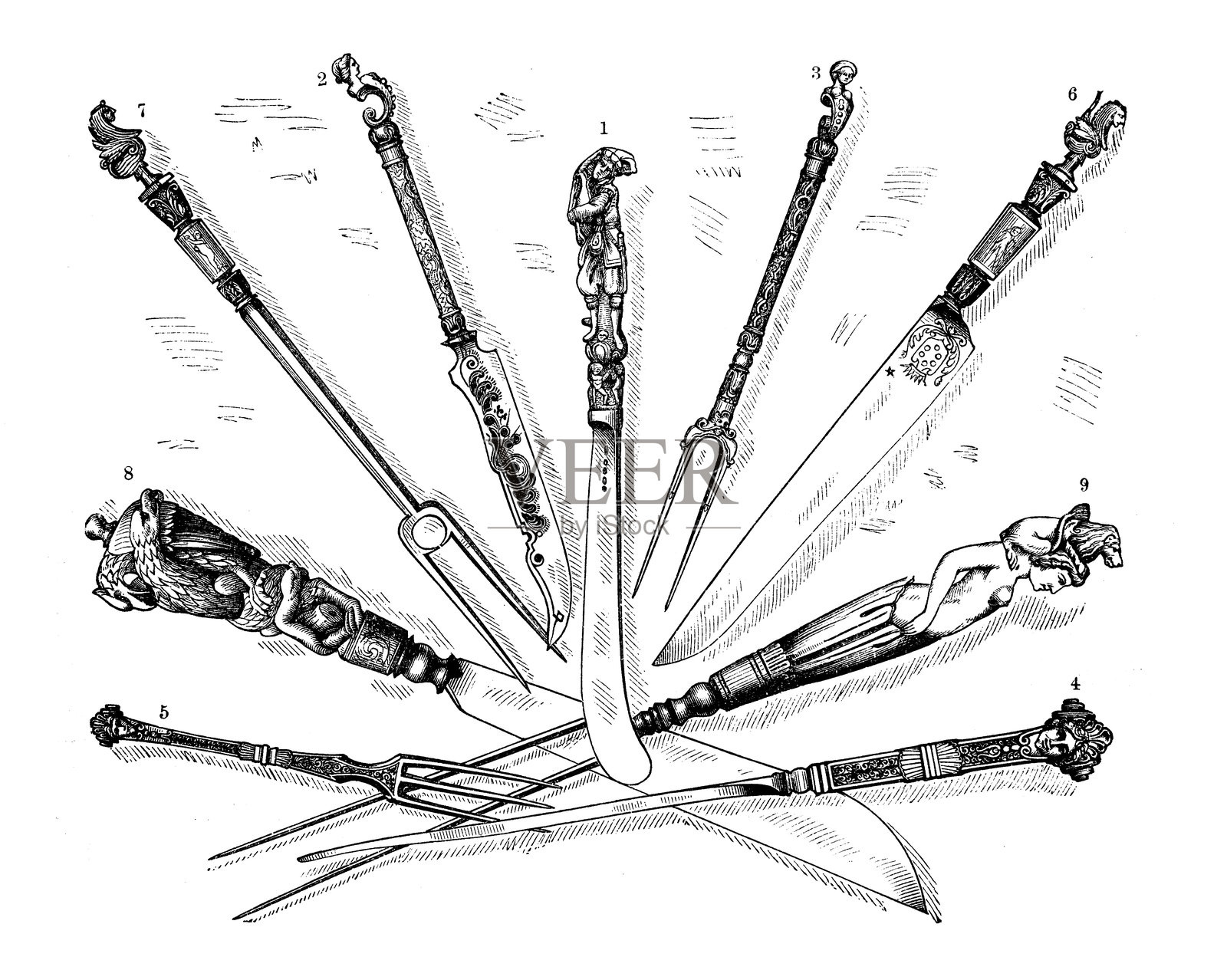 刀具和军刀。1-5为银制，6和7为铁制，8和9为雕刻象牙手柄。插画图片素材