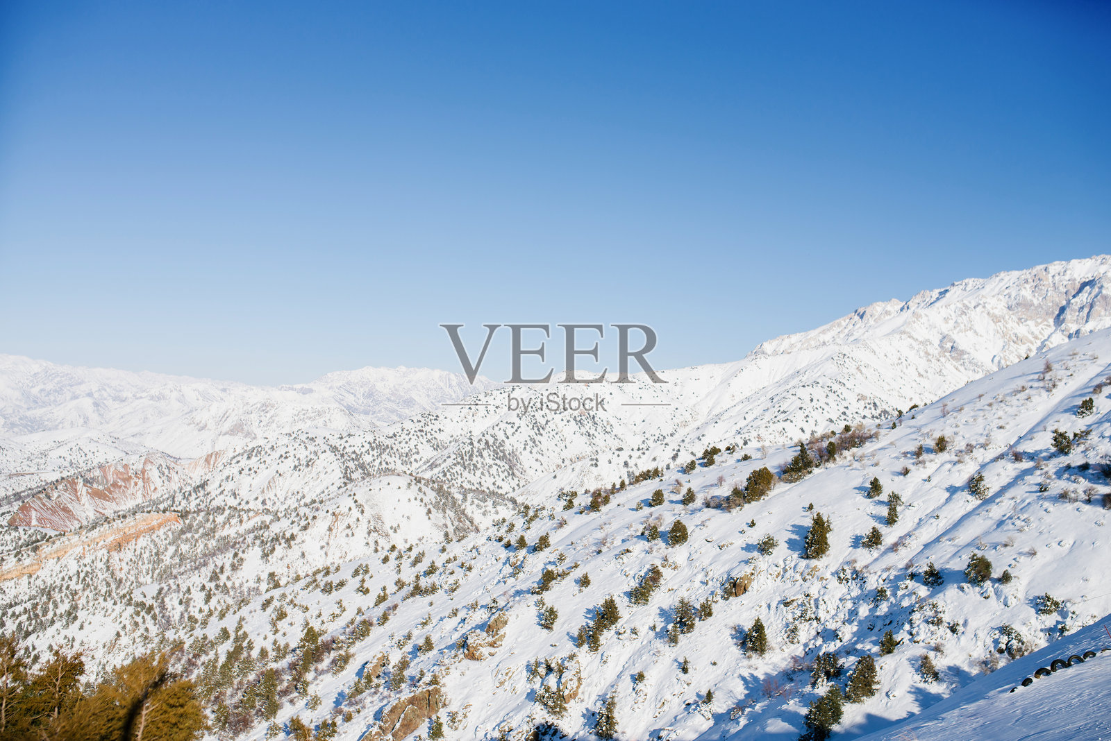 乌兹别克斯坦天山在晴朗的日子里被雪覆盖。贝尔德萨伊滑雪度假村照片摄影图片