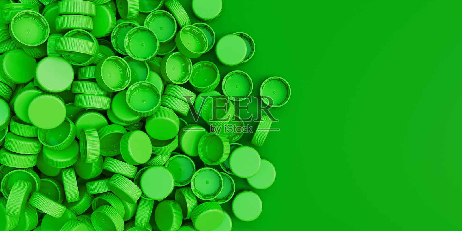从上方俯视一堆绿色塑料瓶盖，背景为绿色。塑料工业产品。垃圾再利用。3D渲染插图。照片摄影图片
