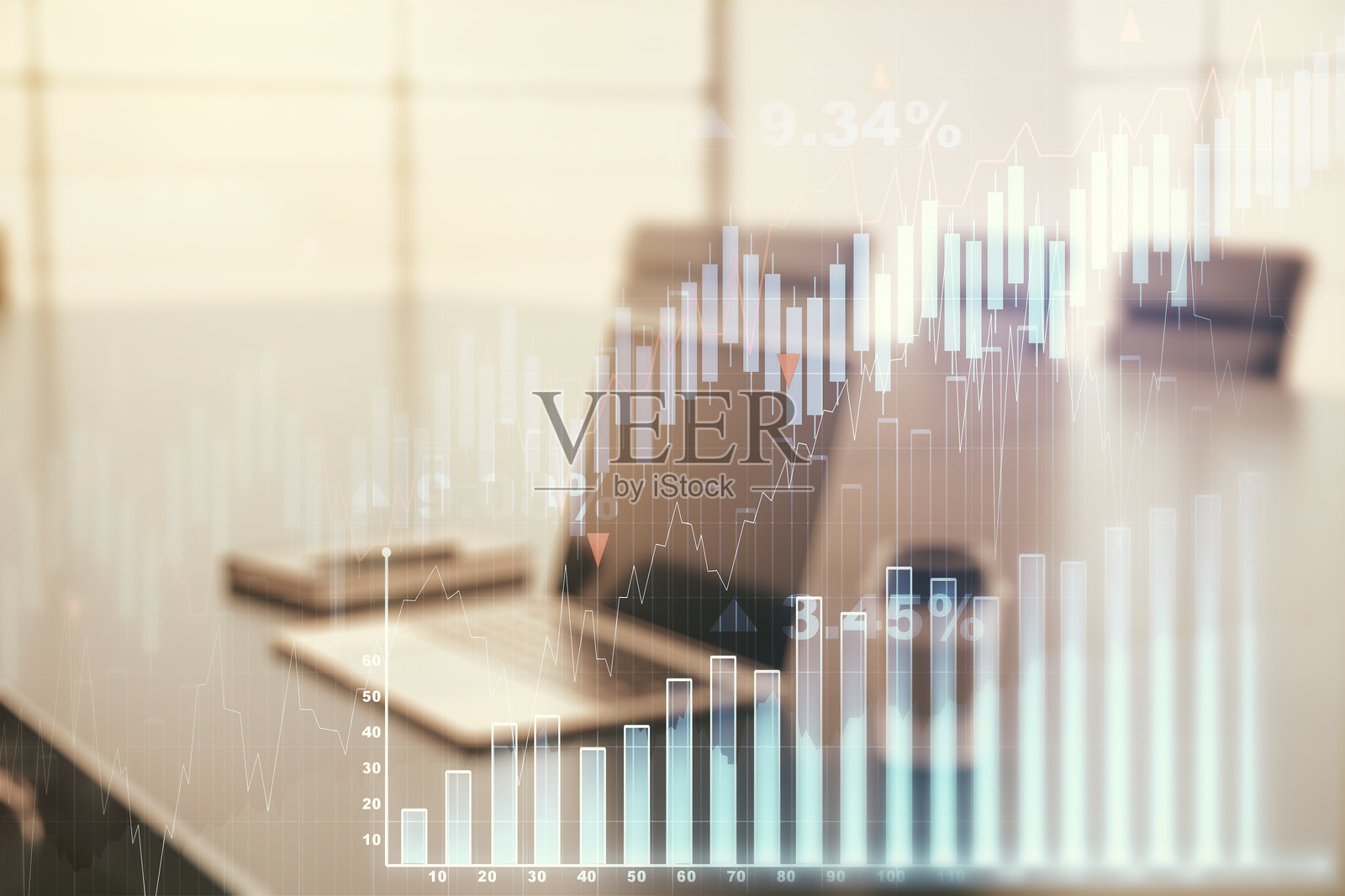 计算机背景上的多重曝光抽象创意金融图表，研究与分析概念照片摄影图片