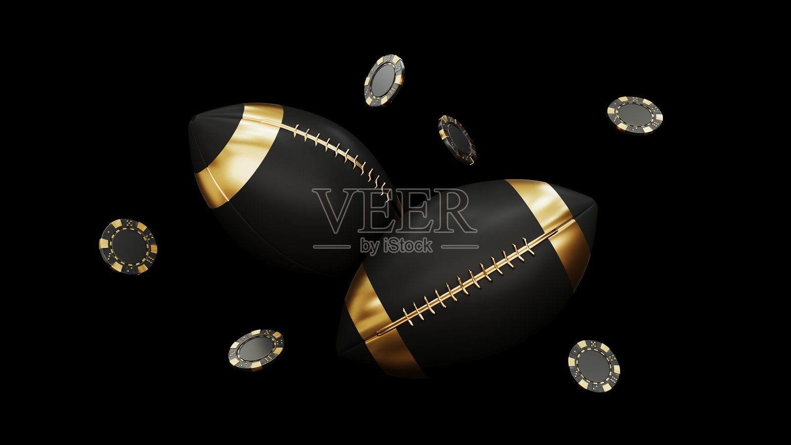 美国橄榄球背景的3D渲染，展示了一个橄榄球和奖杯，庆祝超级碗。照片摄影图片