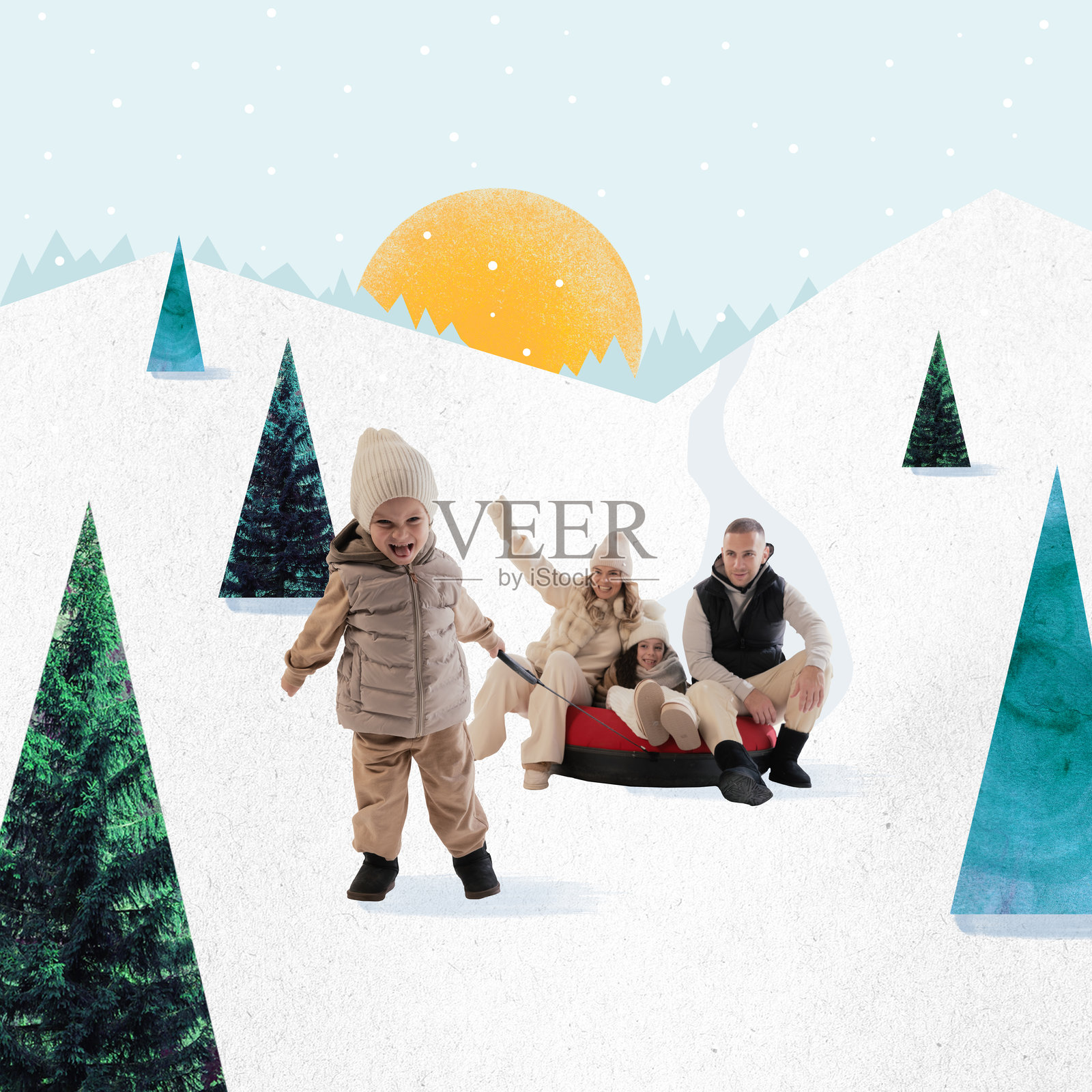 快乐的家庭，父母和孩子们在雪山上享受滑雪圈冒险，四周是雪白的风景和温暖的阳光。冬季乐趣。现代艺术拼贴。照片摄影图片