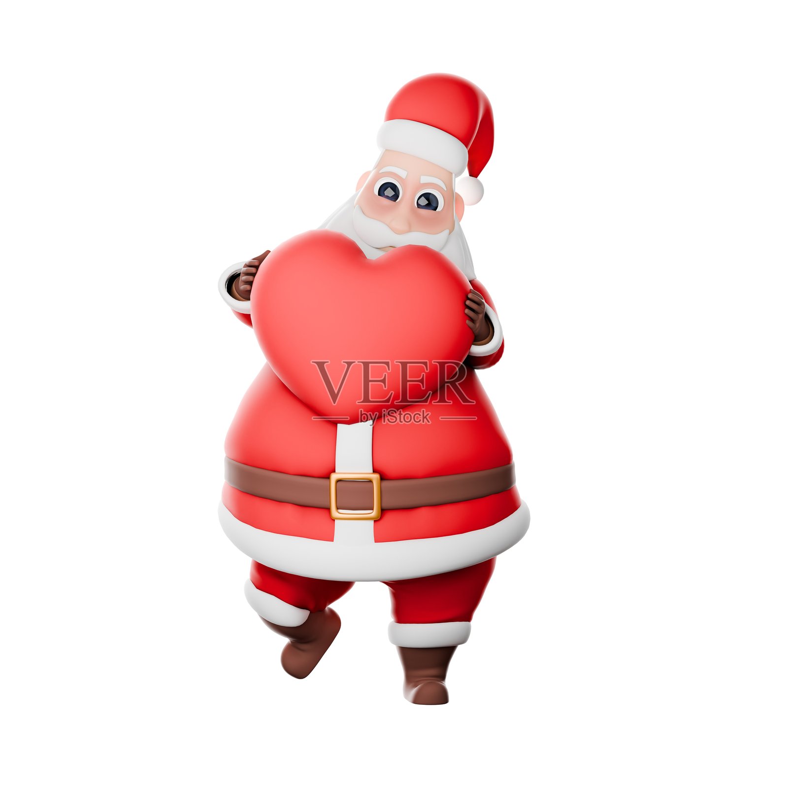 节日圣诞老人卡通。一个圣诞老人双手抱着一个爱心枕头。圣诞节3D角色。照片摄影图片