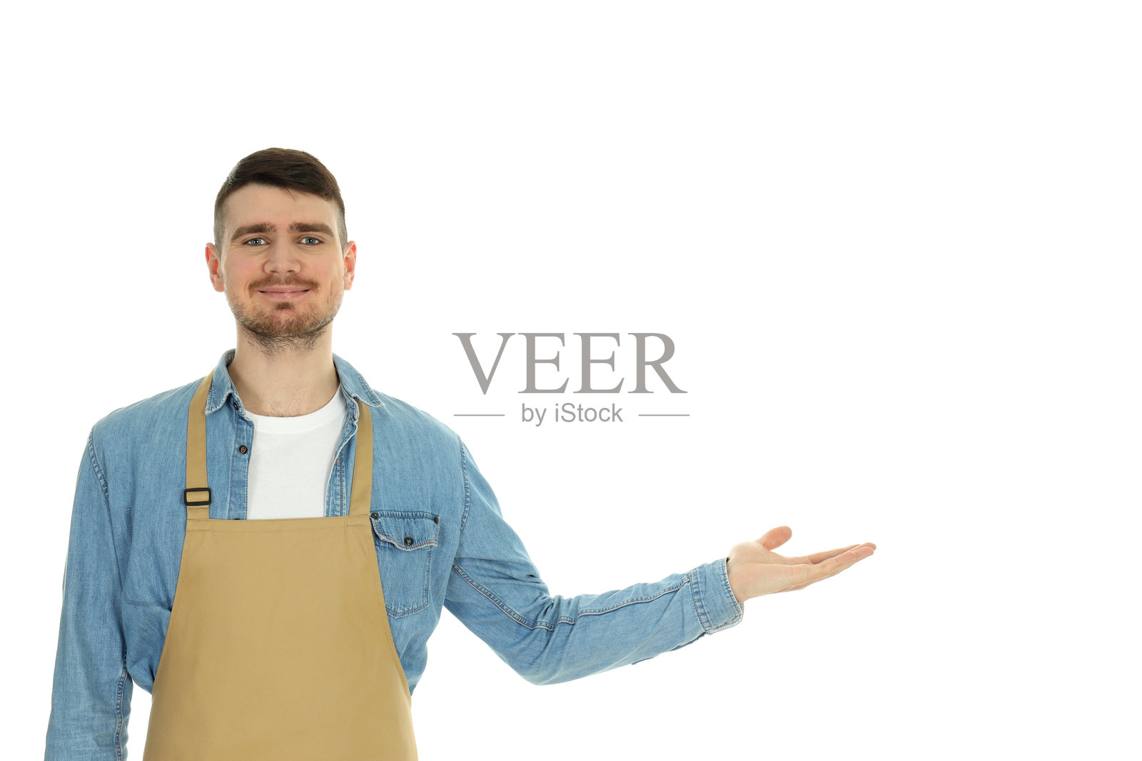 年轻男服务员在白色背景上独立站立照片摄影图片