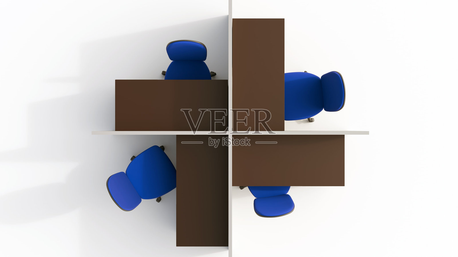 一个包含四个空办公隔间的紧凑办公室布局的3D渲染图照片摄影图片