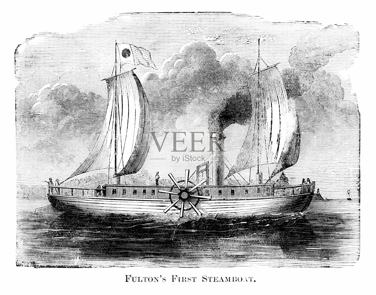 富尔顿首航第一艘蒸汽船，19世纪美国历史插画图片素材