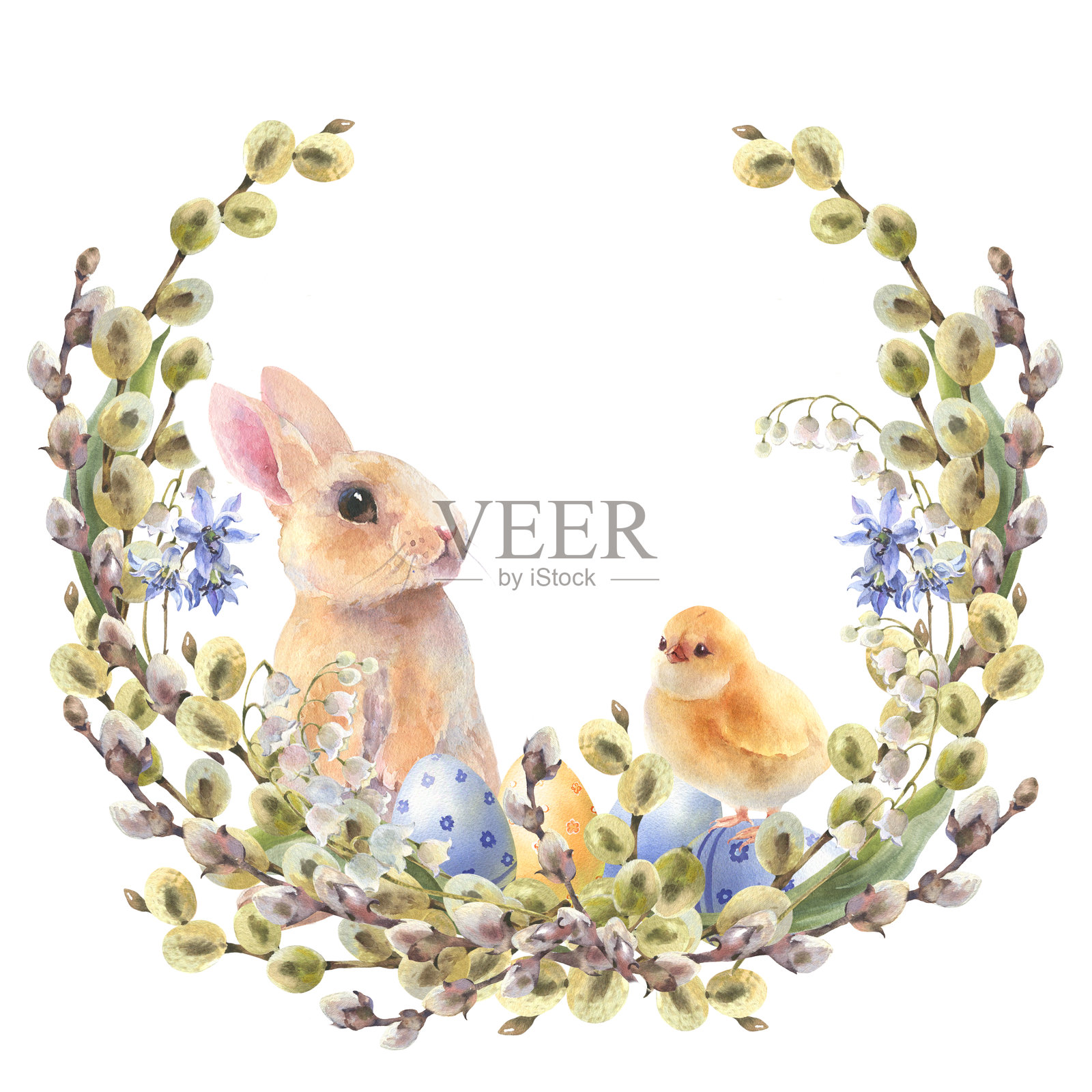 水彩小桃兔坐在花环中。复活节兔子和小黄鸡，装饰性彩蛋，黄色、蓝色、紫色。设计、卡片、壁纸模板。插画图片素材