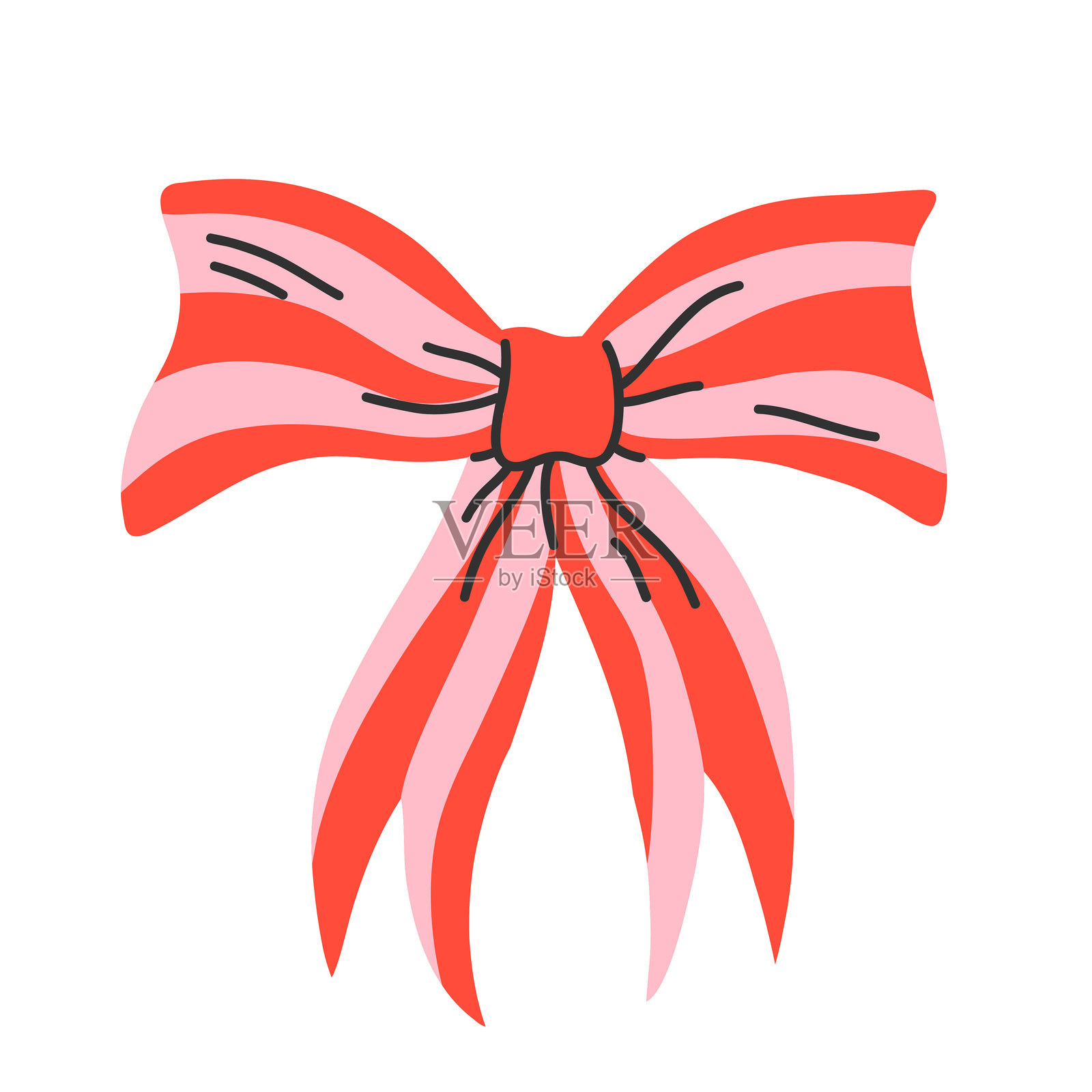 红色和粉色条纹的蝴蝶结，孤立在白色背景上。平面插图的蝴蝶结剪贴画。插画图片素材