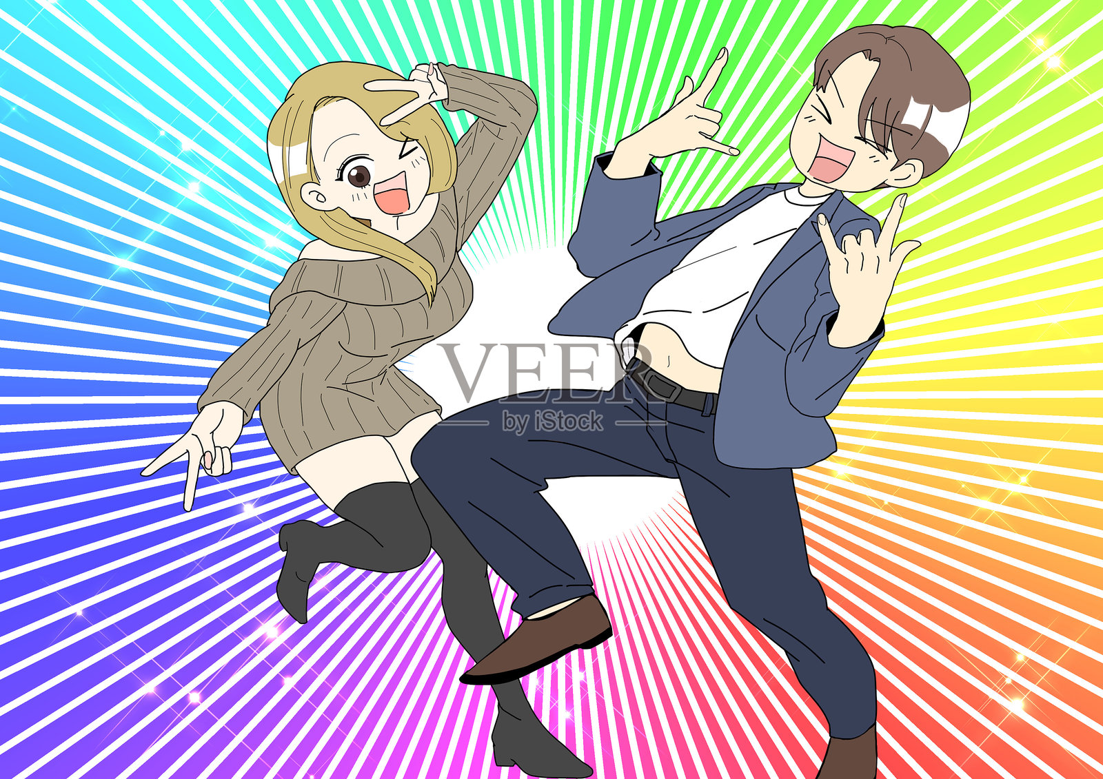 积极的情侣 彩虹插画图片素材