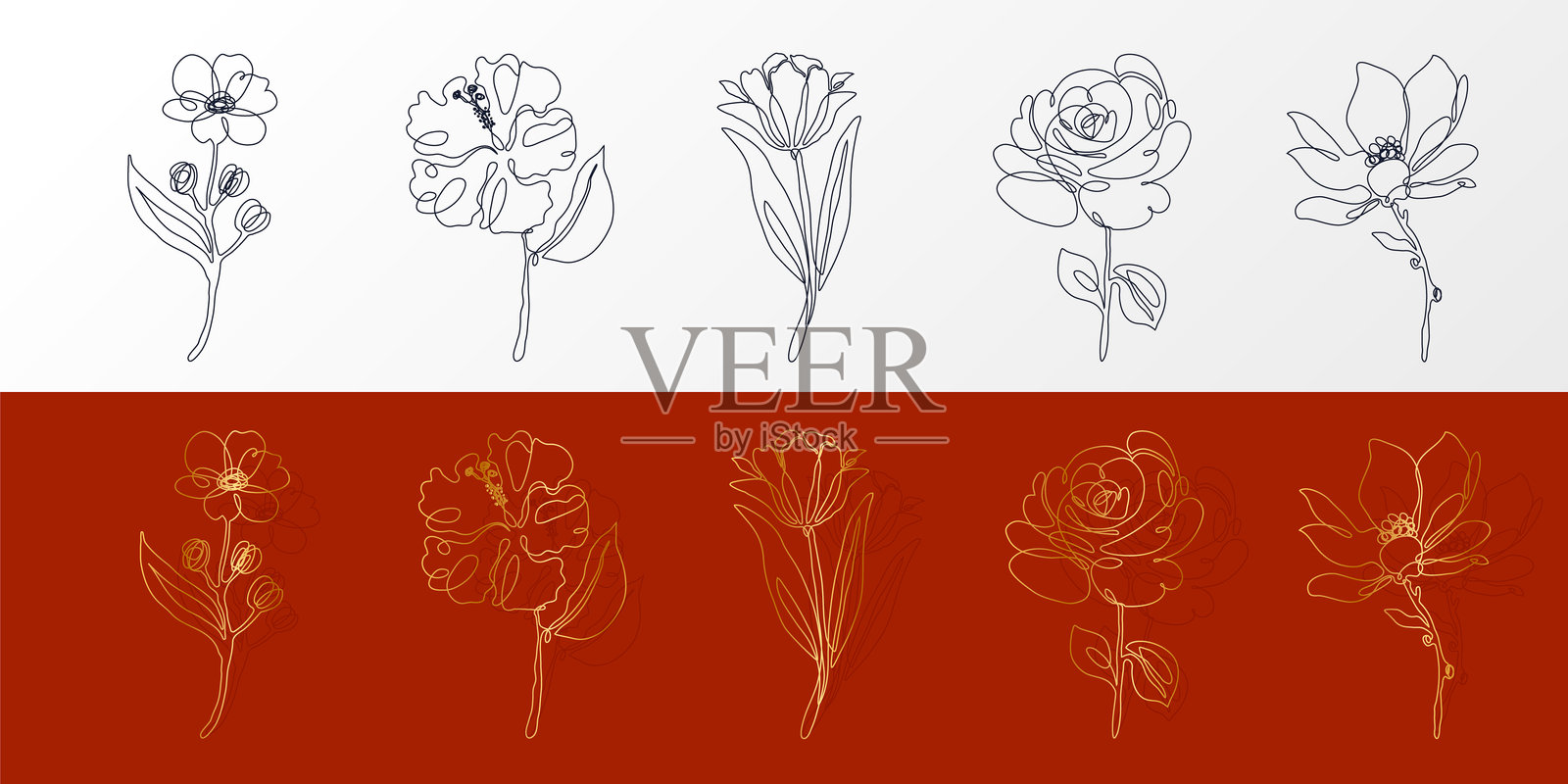 一组花卉与叶子以连续艺术线条风格呈现。手绘春季草本植物，金色与红色背景。抽象花卉草图采用一笔画风格。非常适合作为标志、纹身、贺卡、网站、印刷品和时尚设计。插画图片素材