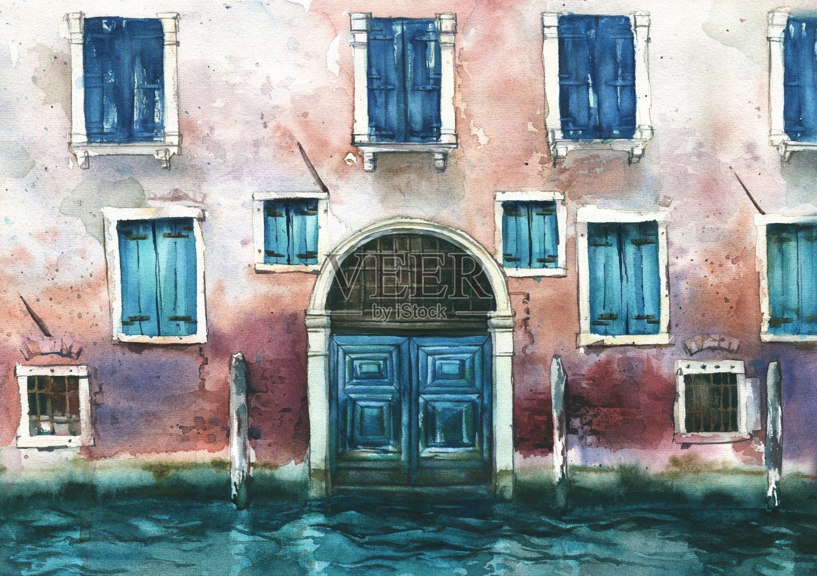 水彩手绘的古老威尼斯建筑和水景画。古董墙壁、门、窗户和百叶窗。橙色调。插画图片素材