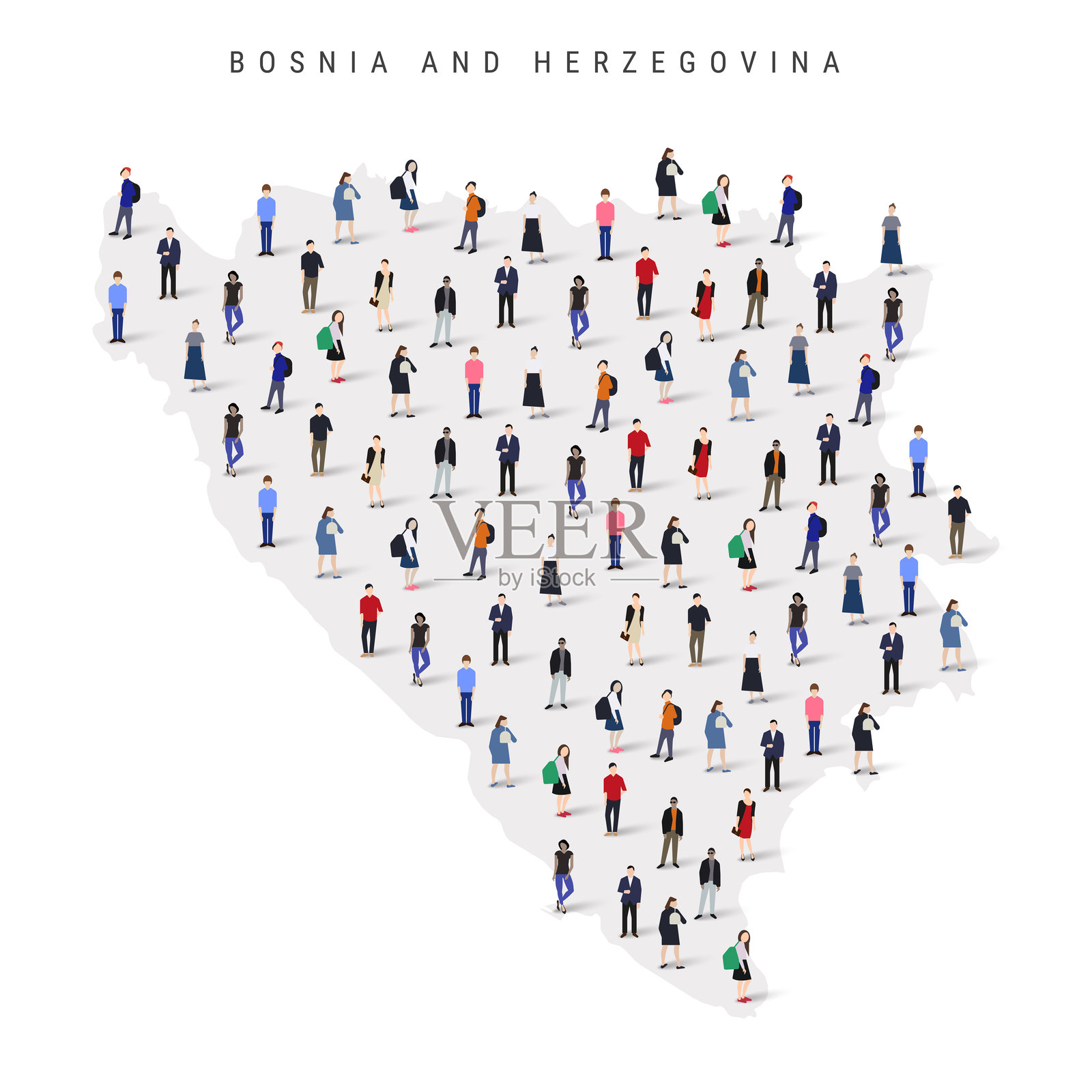 波斯尼亚和黑塞哥维那人口地图。大群人组成波斯尼亚地图的形状。平面矢量插图插画图片素材