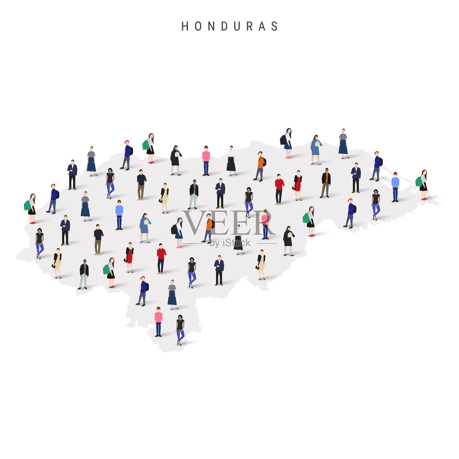 洪都拉斯人口地图。大群人组成洪都拉斯地图的形状。平面矢量插图，背景为白色。插画图片素材