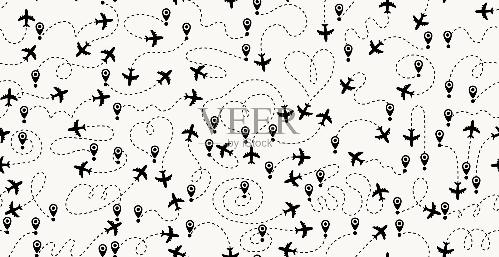 无缝图案飞机航线以虚线表示。飞机追踪、飞机、旅行、地图标记、位置标记矢量插图。无缝图案飞机追踪。起点、落点。插画图片素材