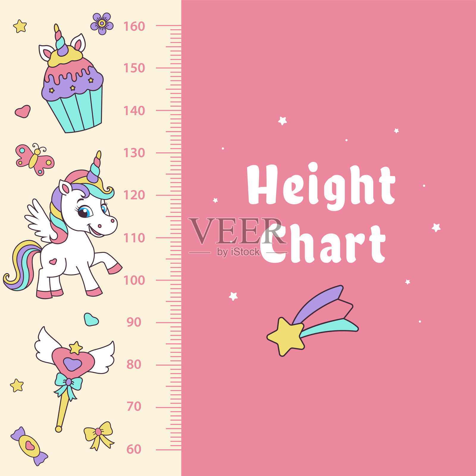 独角兽身高图。带有魔法元素和独角兽的身高图。插画图片素材