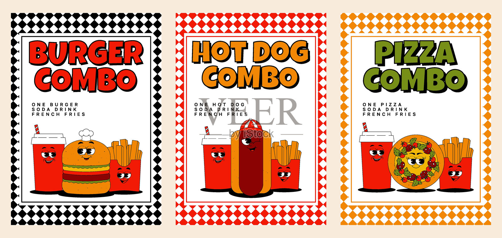 复古风格的快餐海报系列。复古吉祥物汉堡、比萨、热狗、薯条和饮料，带有迷幻的微笑和情感。时尚的矢量插图。插画图片素材