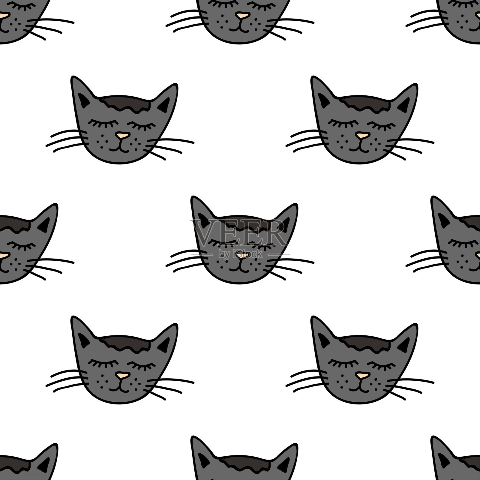 猫咪嘴部涂鸦的无缝图案，适用于装饰印刷、包装纸、贺卡、墙纸和面料。插画图片素材
