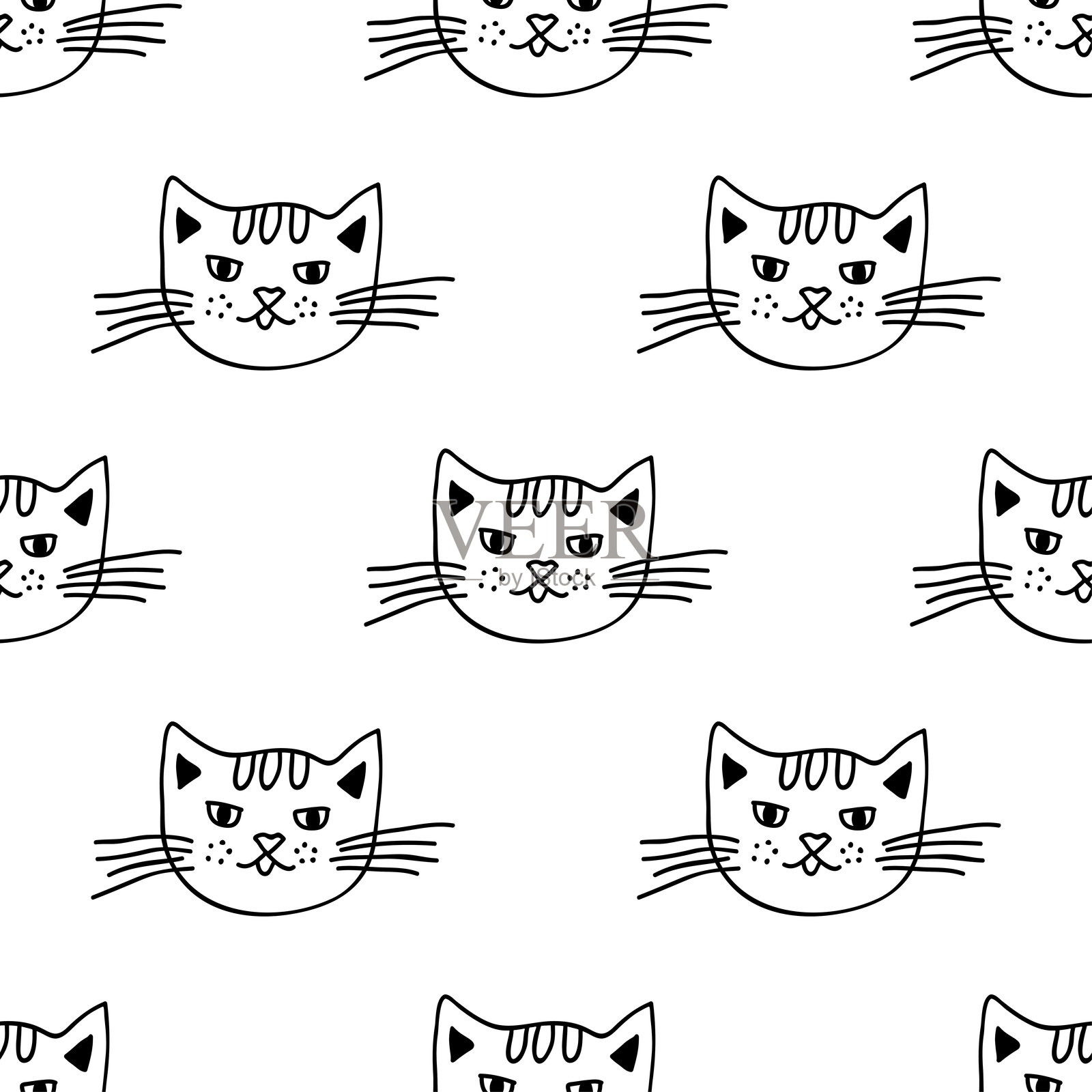 猫咪嘴部涂鸦的无缝图案，适用于装饰印刷、包装纸、贺卡、墙纸和面料。插画图片素材