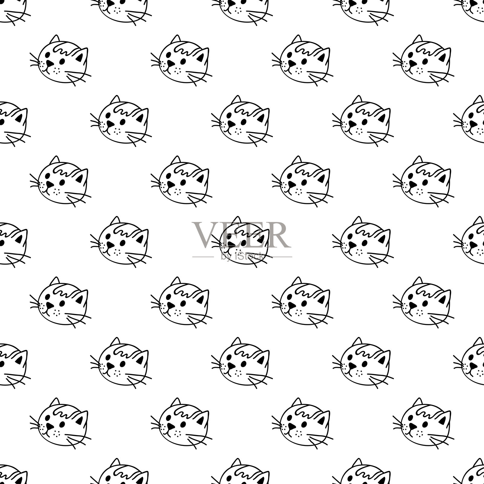 猫咪嘴部涂鸦的无缝图案，适用于装饰印刷、包装纸、贺卡、墙纸和面料。插画图片素材