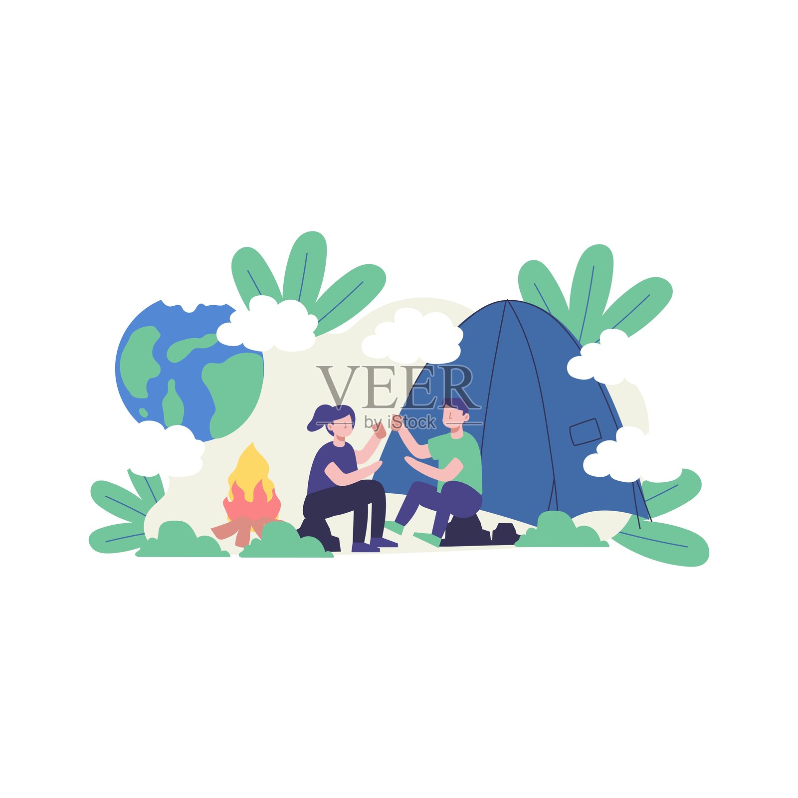两个人在自然中靠近火坑和帐篷露营，周围有泥土、云朵和树叶；适合户外冒险的概念。插画图片素材