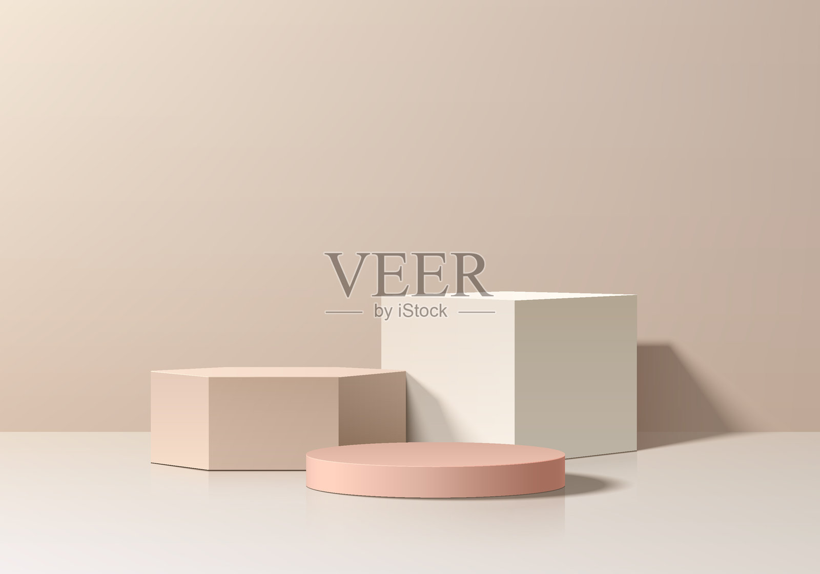 米色圆柱形讲台背景，配有白色立方体和奶油色六角形底座。极简主义模型。抽象产品展示墙场景呈现，展示台。矢量平台设计。插画图片素材