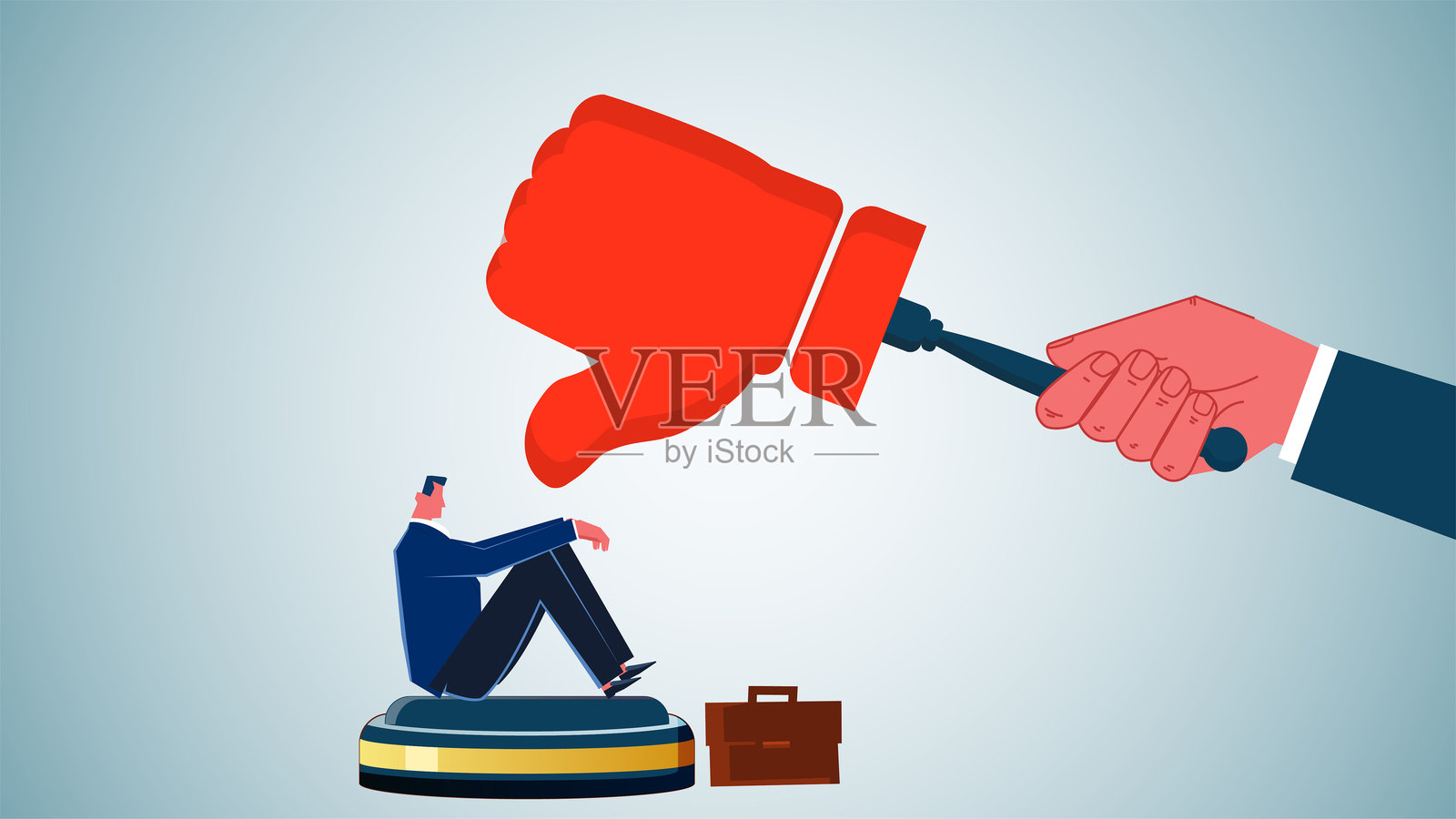 遭遇失败、错误、负面结果、负面反馈、低评分或令人失望的表现，手握向下的拇指锤击商人们。插画图片素材