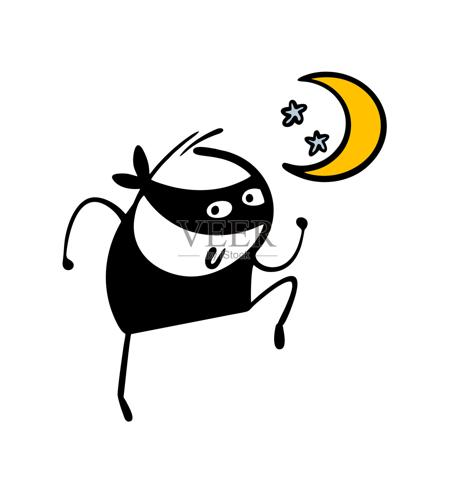 狡猾的黑面具盗贼在黑暗的夜晚潜行，实施犯罪。犯罪分子的矢量插图，月亮和星星在天空中。白色背景上的孤立搞笑角色。插画图片素材