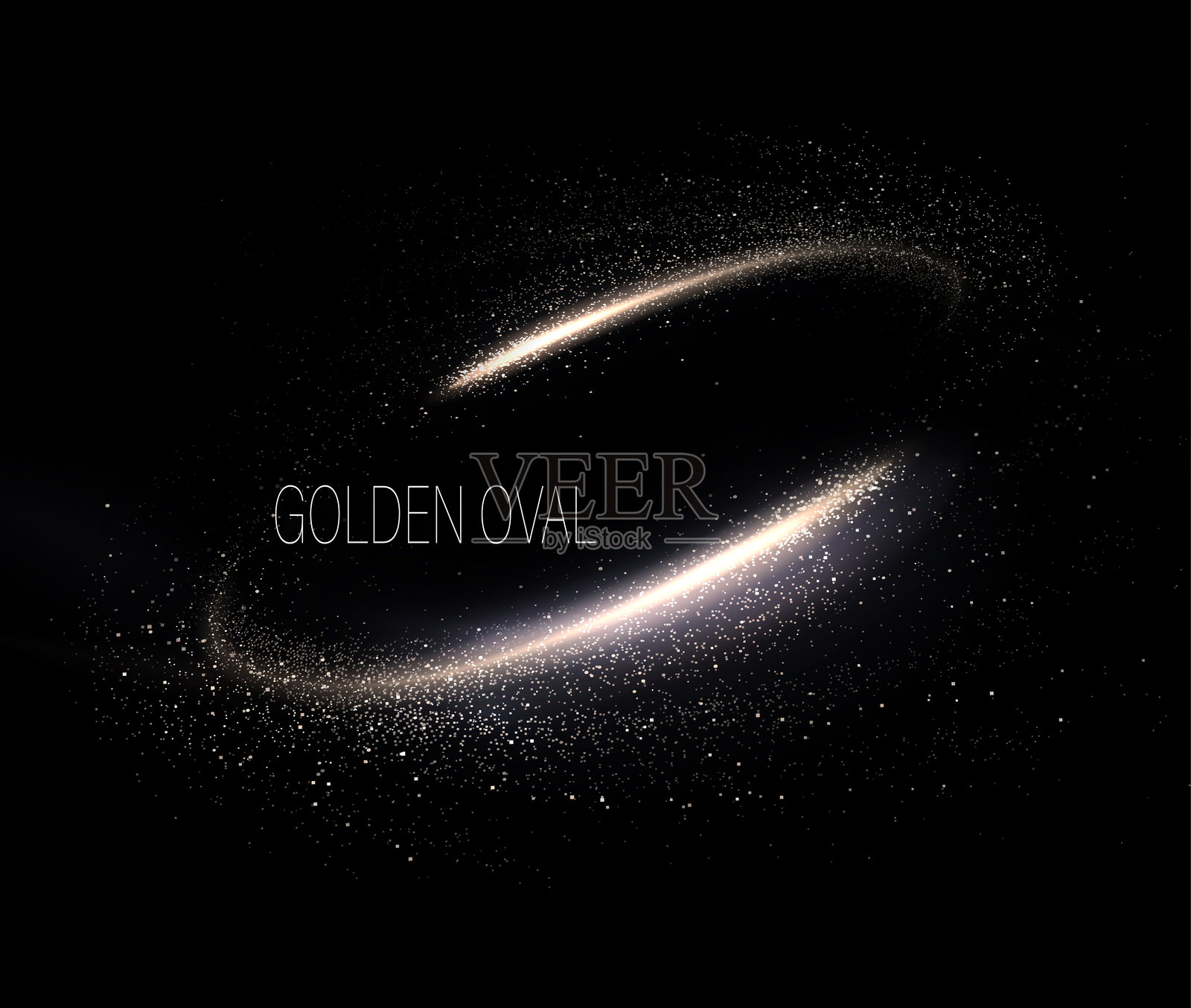 孤立的金色椭圆框架，黑色背景上闪烁的亮片插画图片素材