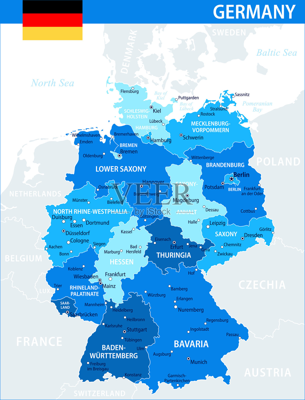 德国地图矢量蓝点 - 可定制的分层政治地图，包含德国的行政区划，适用于网站、教育、报告、新闻、政治、印刷、海报和壁纸。插画图片素材