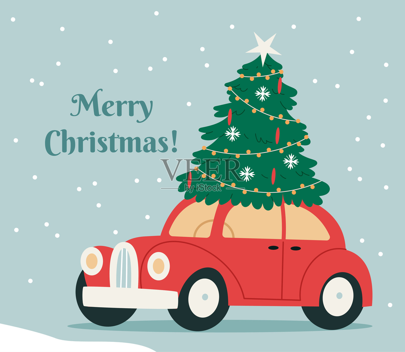 红色复古圣诞车载着圣诞树。圣诞快乐贺卡。现代简约的斯堪的纳维亚风格插图。节日问候贺卡，明信片设计元素。插画图片素材