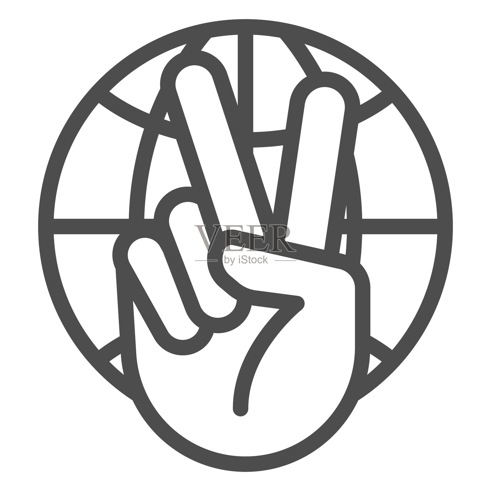 胜利手势与地球的线条图标，和平概念。矢量图形。白色背景上的手与两个手指和行星标志，适用于移动或网页设计的轮廓风格图标。插画图片素材