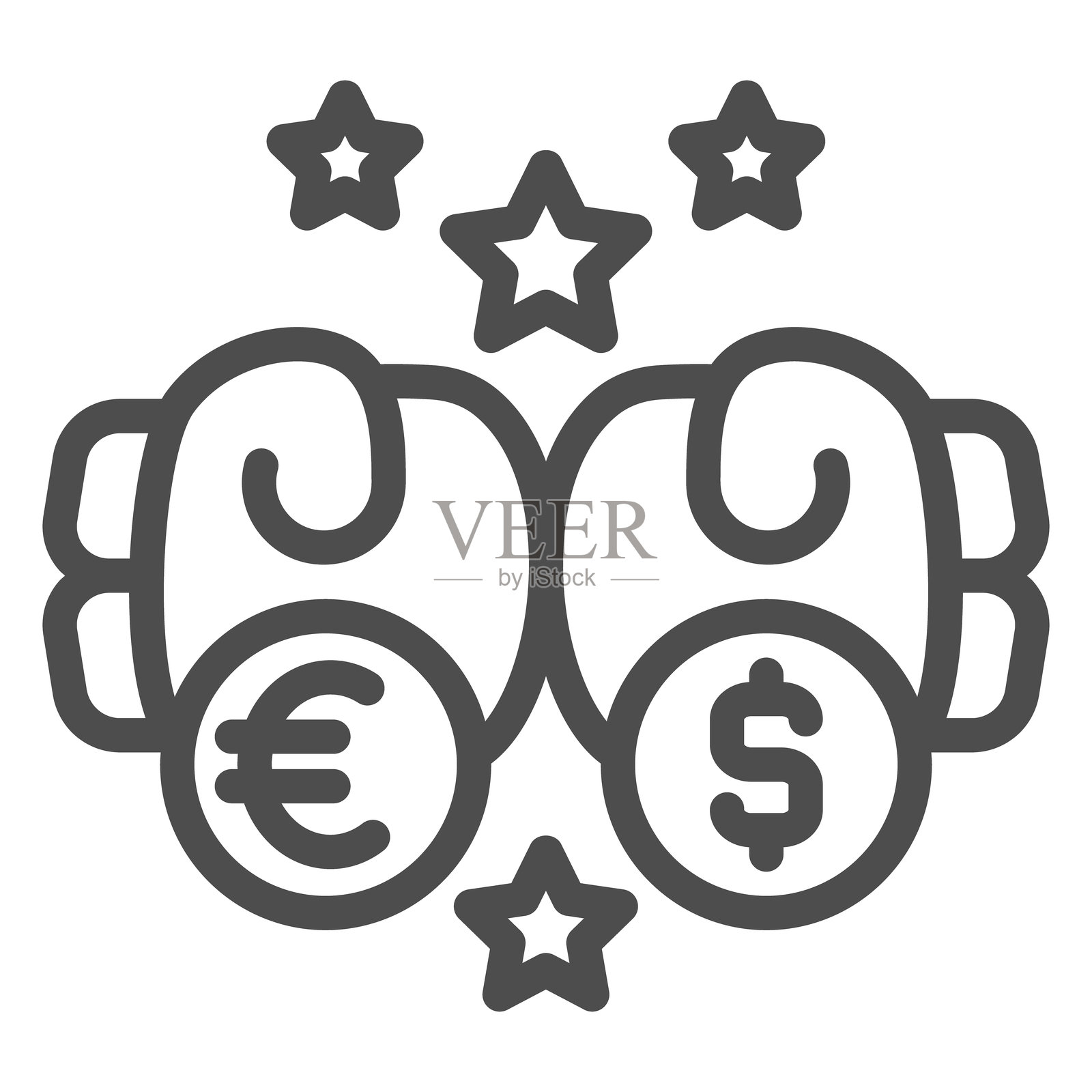 拳击手套与硬币的线条图标，世界制裁概念。矢量图形。欧元、美元、经济斗争标志，白色背景上的轮廓风格图标，适用于移动或网页设计。插画图片素材