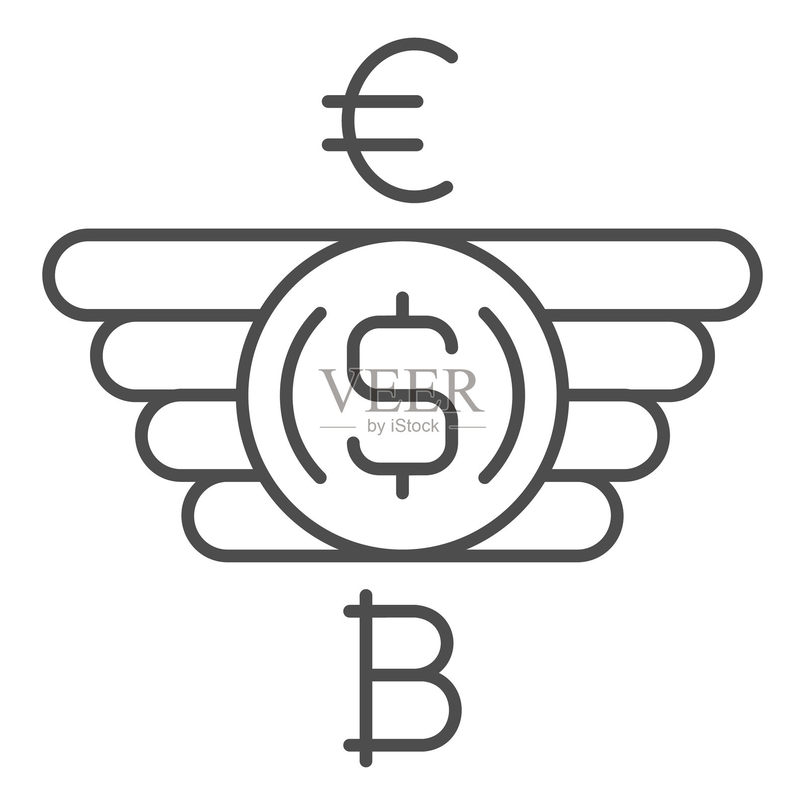 带有天使翅膀的美元硬币细线图标，金融概念。矢量图形。欧元、美元、比特币飞翔的硬币标志，适用于移动或网页设计的轮廓风格图标。插画图片素材