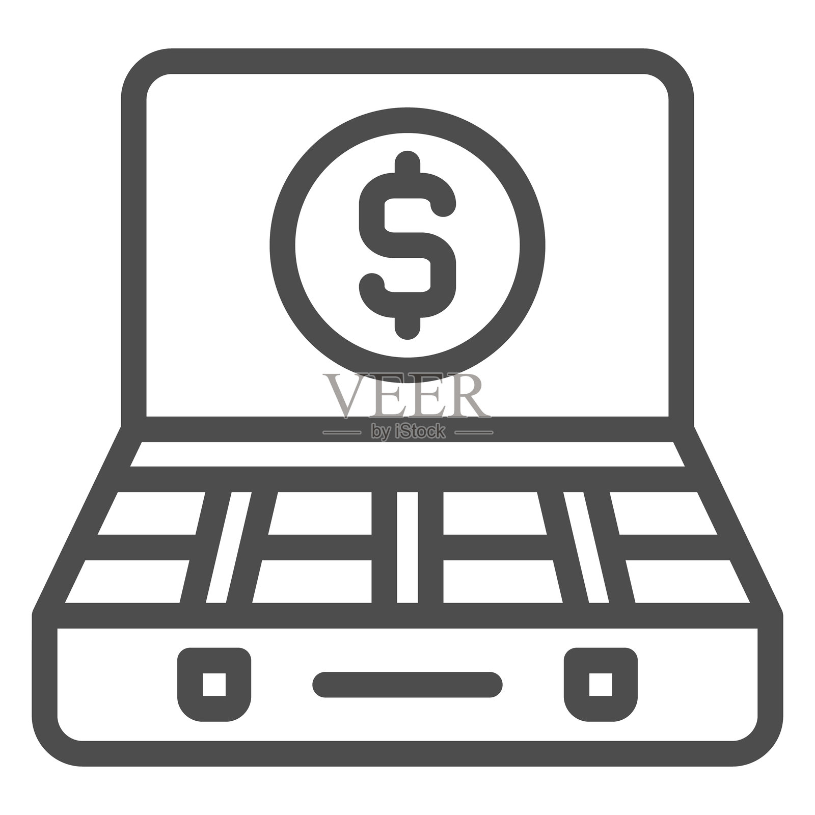 装满现金的公文包线条图标，商业储蓄概念。矢量图形。带有美元硬币现金标志的投资包，白色背景上的轮廓风格图标，适用于移动或网页设计。插画图片素材