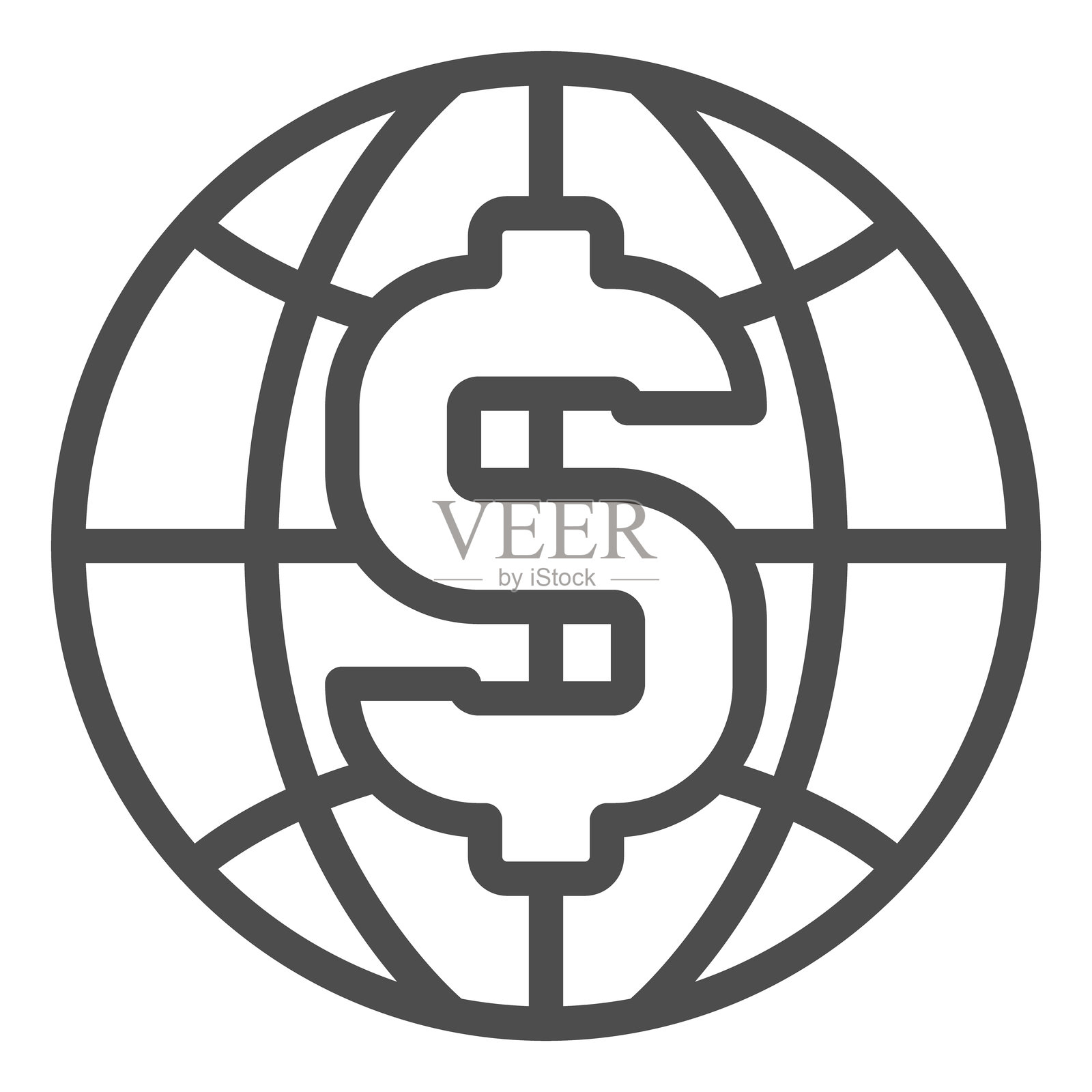 巨大的美元字母和世界地球线条图标，金融建议概念。矢量图形。全球货币转移标志，白色背景上的轮廓风格图标，适用于移动或网页设计。插画图片素材