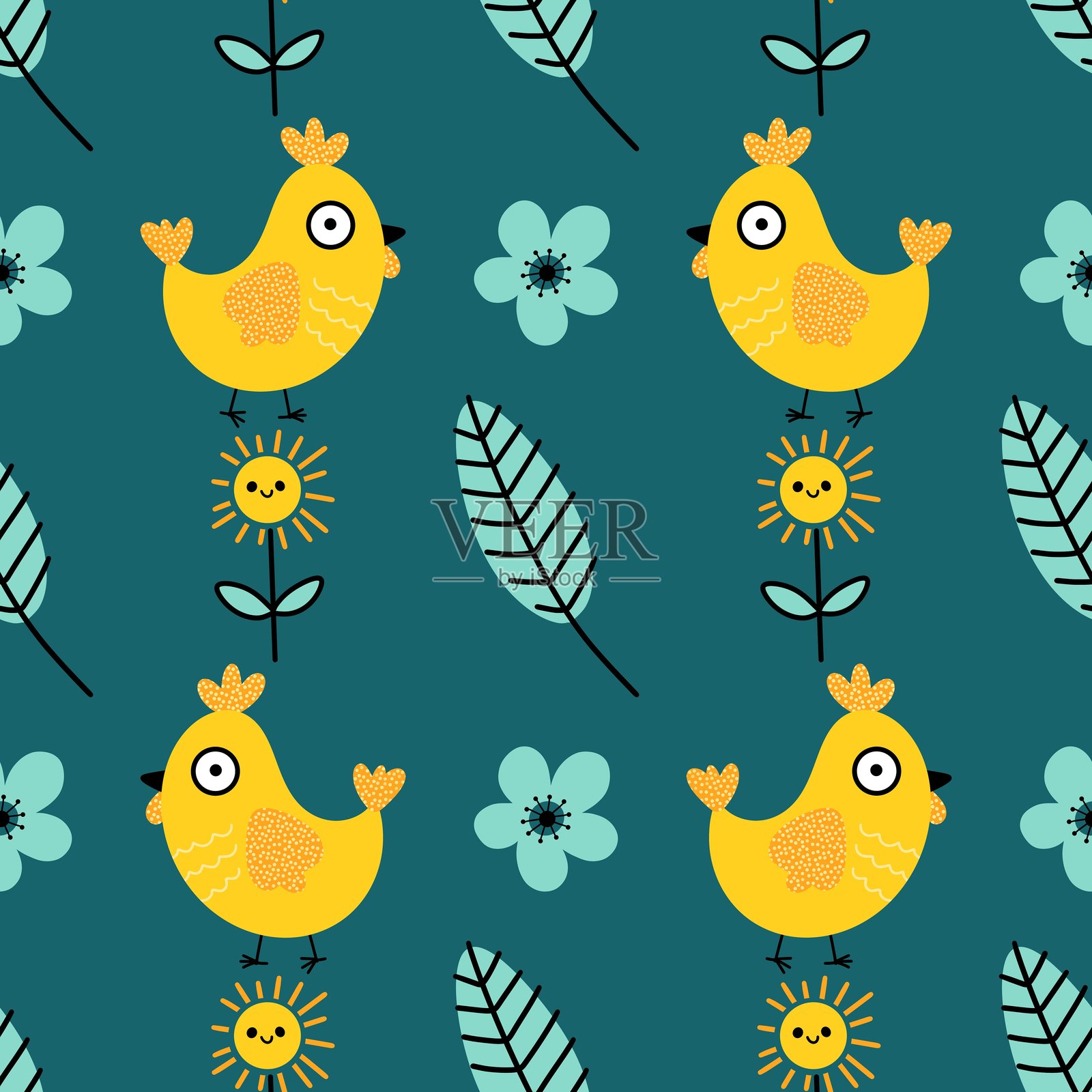 卡通复活节彩蛋和小鸡无缝图案，适用于包装纸、面料和服装印刷插画图片素材