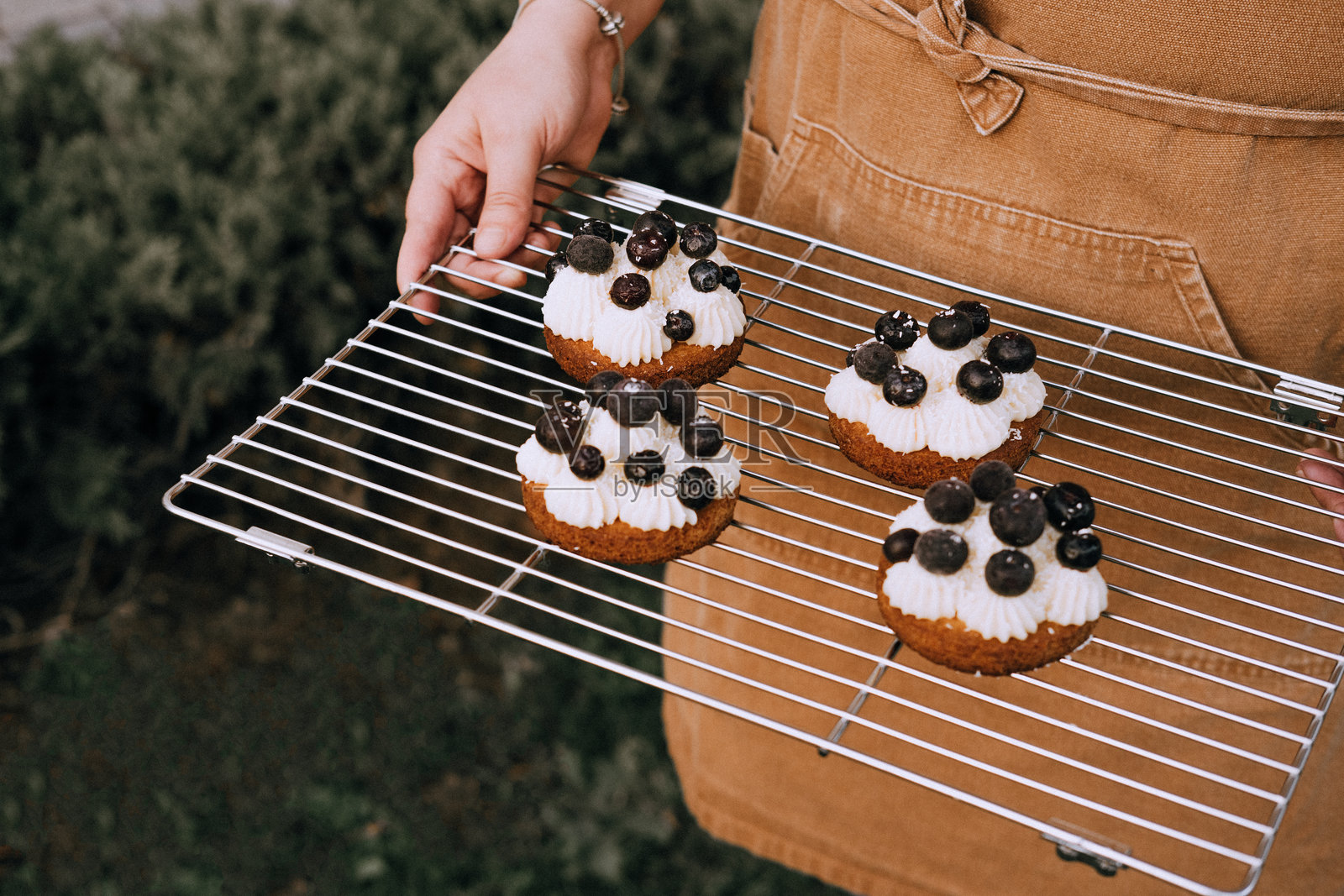 乡村风格的小塔，顶部装饰有奶油馅和新鲜蓝莓。照片摄影图片