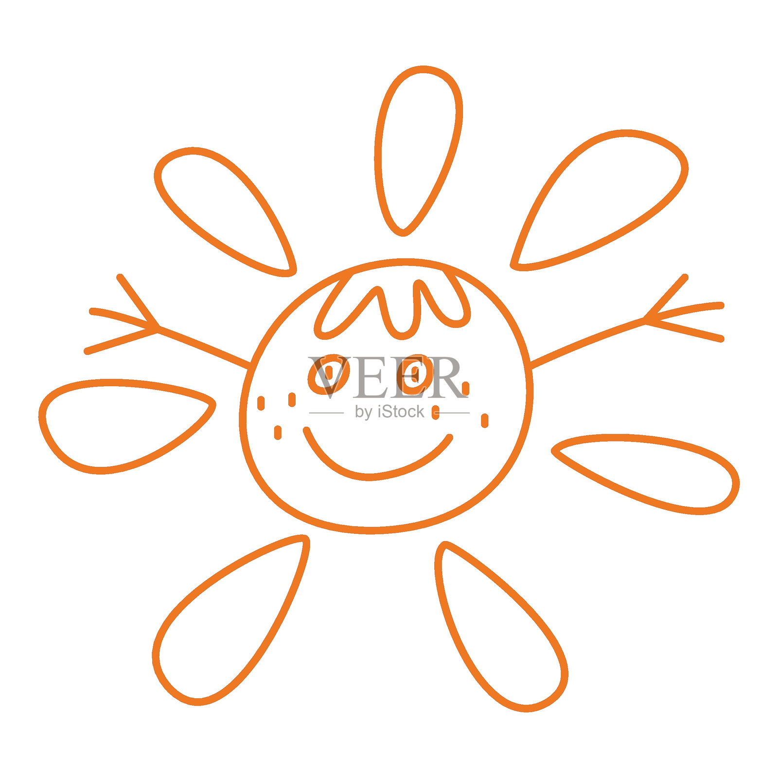 可爱的快乐太阳，带有搞笑的微笑脸。热夏天气图标，涂鸦风格。儿童斯堪的纳维亚画作。插画图片素材