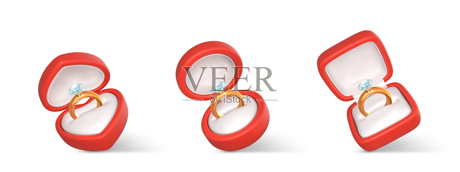 带有宝石的订婚戒指放在打开的盒子里。红色盒子里的婚礼金戒指和钻石。求婚配饰。矢量插图插画图片素材