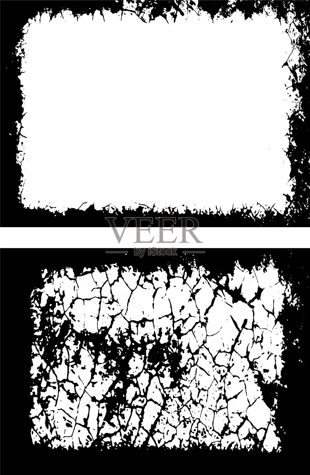 黑白动态系列的粗糙边框设计，包含两个矩形框，边缘粗糙、磨损，中心为破裂、碎片状的白色，适合艺术和前卫的视觉展示。插画图片素材