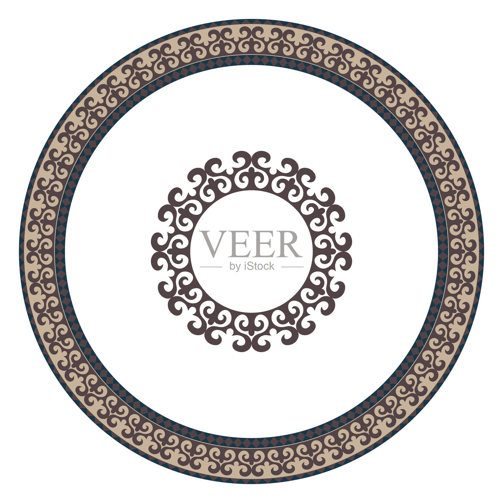 古代突厥民族圆形图案，中央有大型图案的框架。亚洲游牧民族的民族装饰，包括突厥人、哈萨克人、吉尔吉斯人、蒙古人和土库曼人。适用于盘子、纺织品和印刷设计。插画图片素材