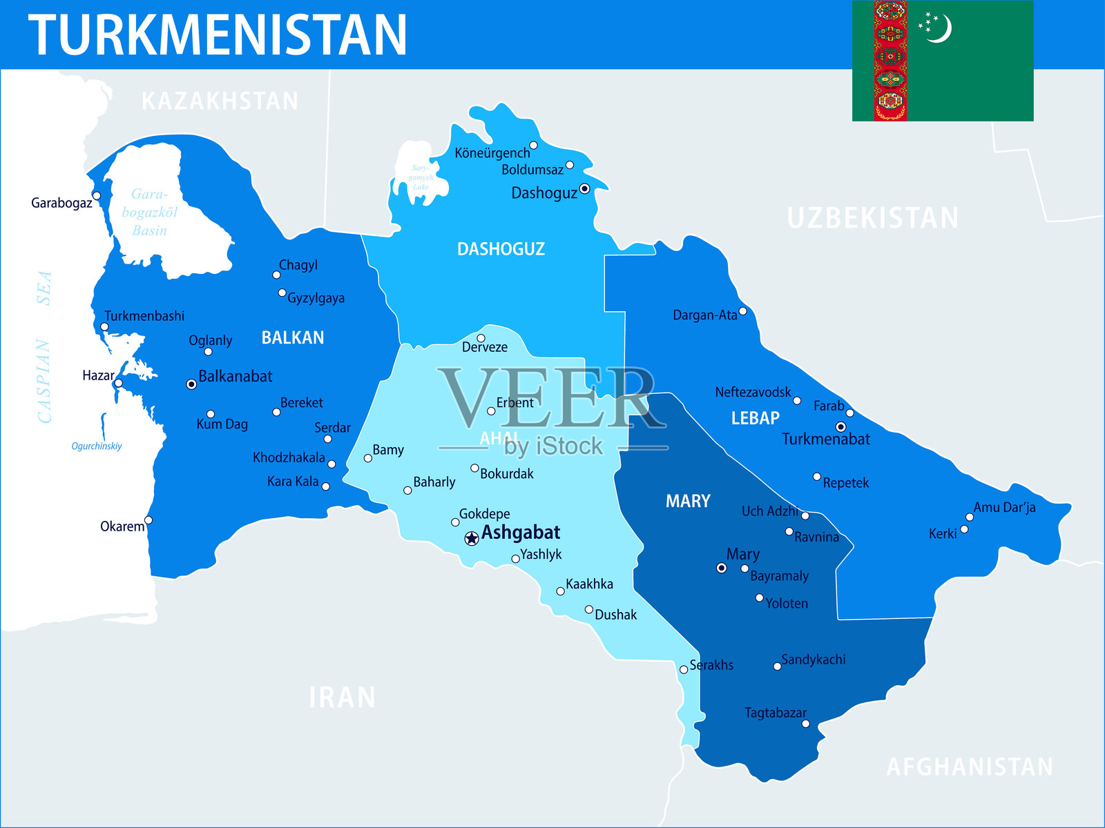 土库曼斯坦地图矢量蓝点 - 可定制的土库曼斯坦分层政治地图，包含行政区划，适用于网站、教育、报告、新闻、政治、印刷和海报。插画图片素材