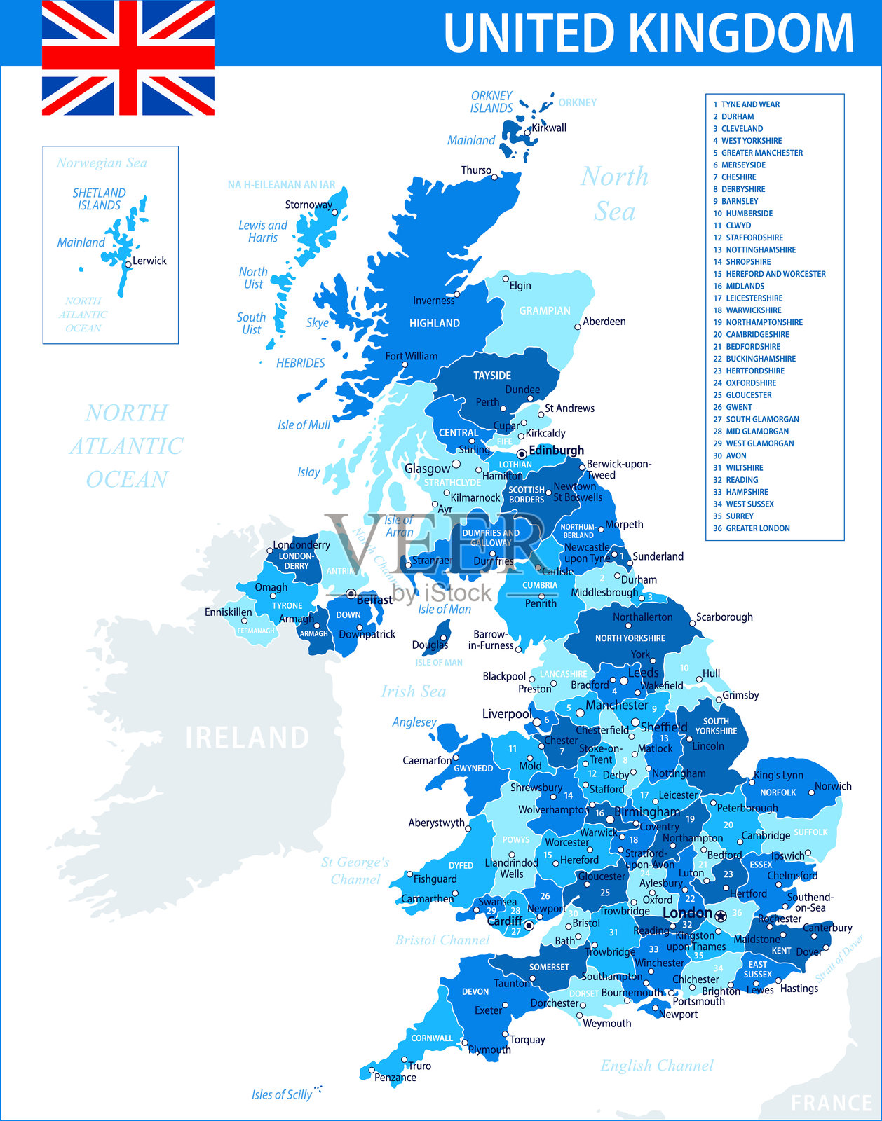 英国地图矢量蓝点 - 可定制的分层政治地图，包含英国的行政区划，适用于网站、教育、报告、新闻、政治、印刷和海报。插画图片素材