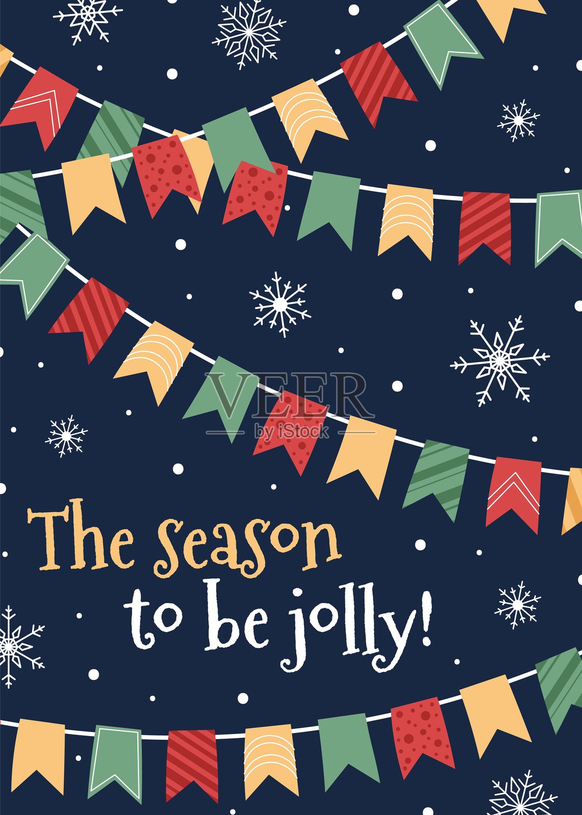 圣诞横幅，带有彩色旗帜和雪花，采用扁平风格。适用于海报、贺卡、邀请函等的矢量插图。插画图片素材