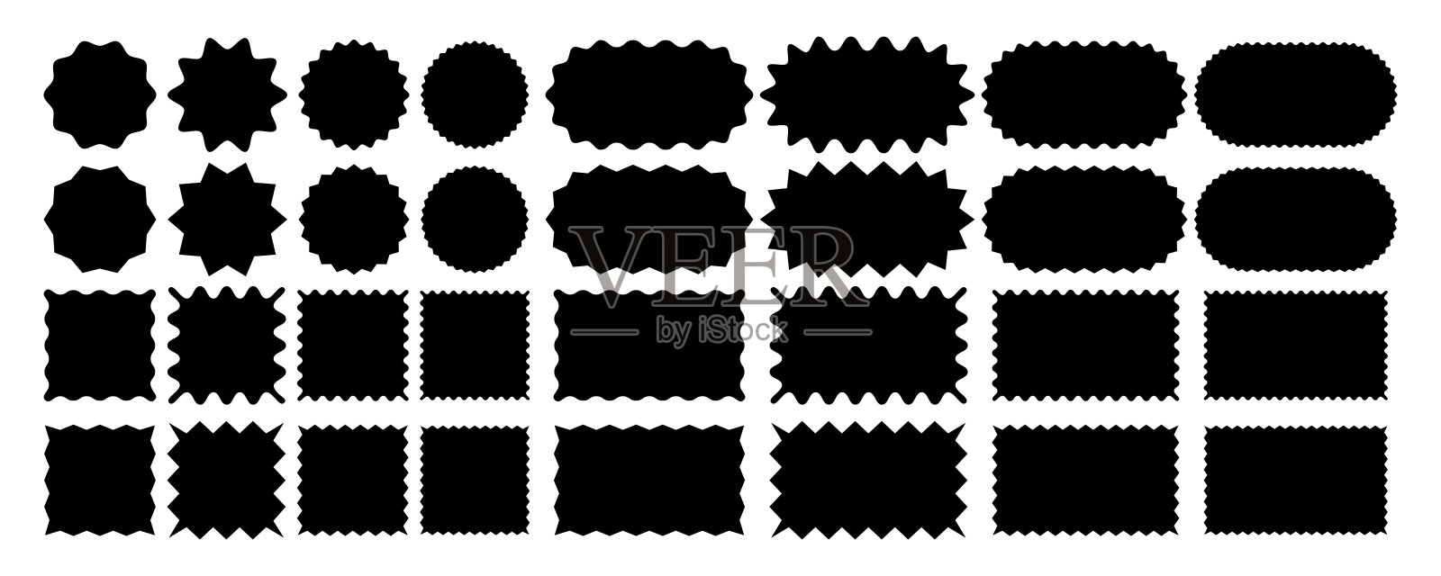 锯齿形和波浪形几何图形集合。带曲边的矢量矩形、圆形、正方形和椭圆元素。用于贴纸、徽章、海报、切角、标签和装饰的锯齿形图形。插画图片素材