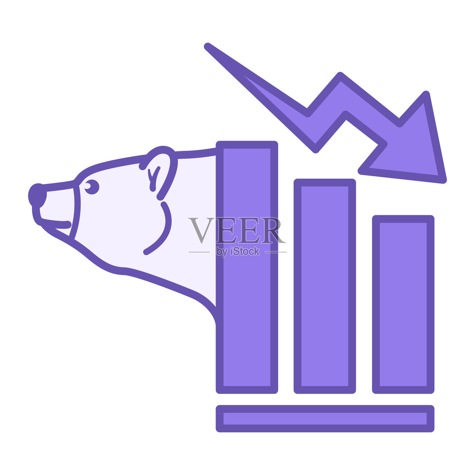 熊市图标颜色。矢量插图。股票价格下跌。图表上的箭头指向下方。熊头。股市概念。插画图片素材