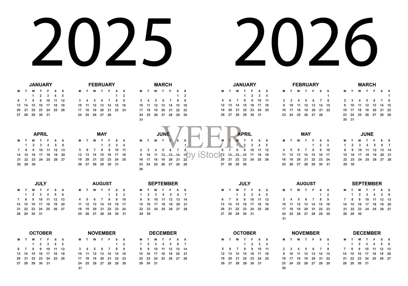 2025 - 2026 年12个月日历 - 年度日历模板。周一开始。插画图片素材