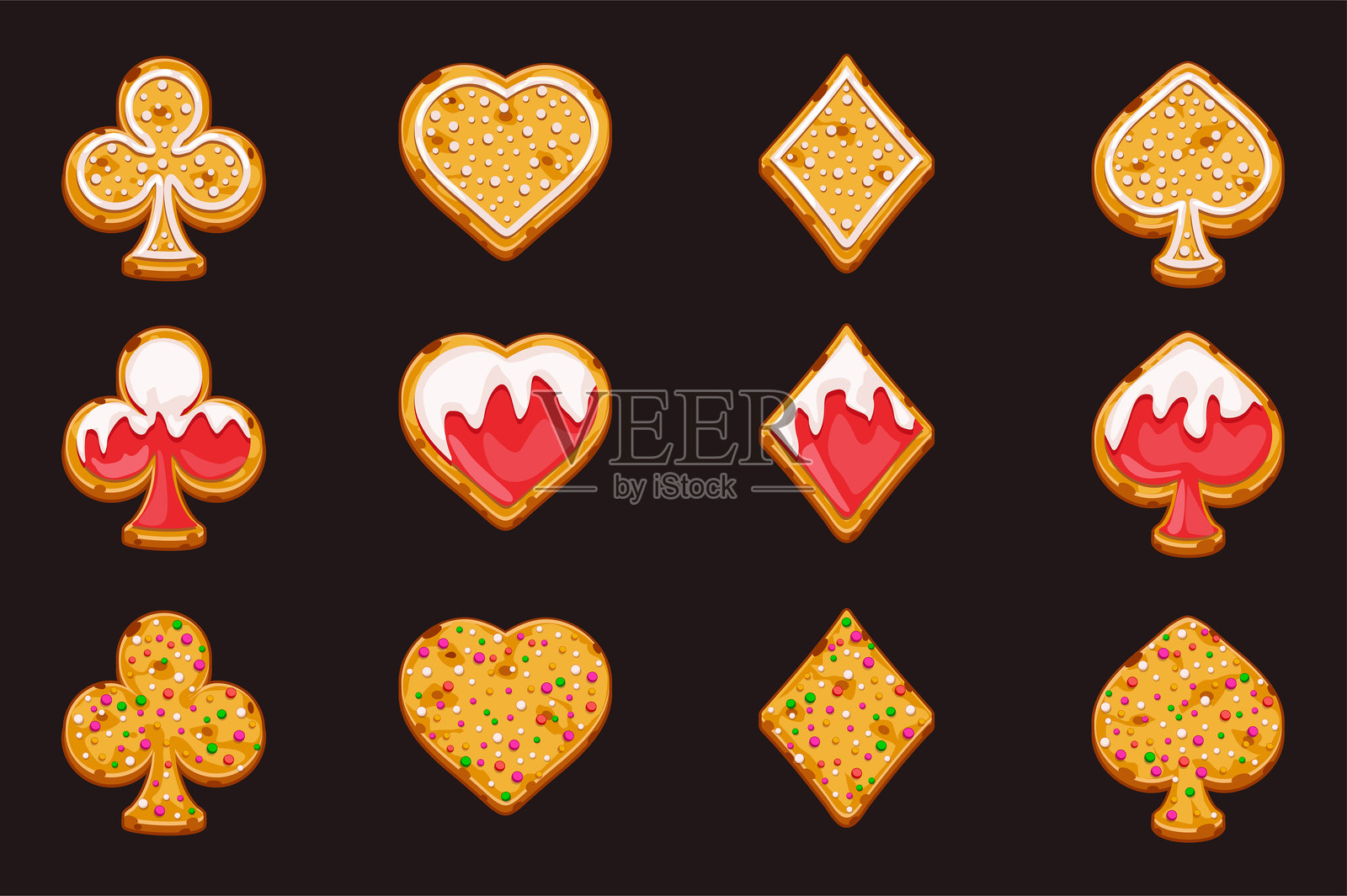 形状如扑克牌符号的饼干，适合您的游戏和老虎机的扑克牌符号饼干组合 - 梅花、方块、红心和黑桃插画图片素材